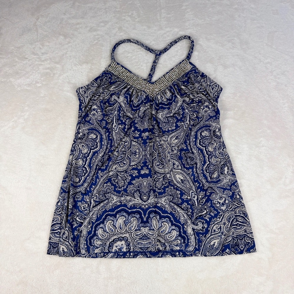 INC Rhinestone Paisley Camisole Womens XL Blue White V Neck T Back Stretch Top
